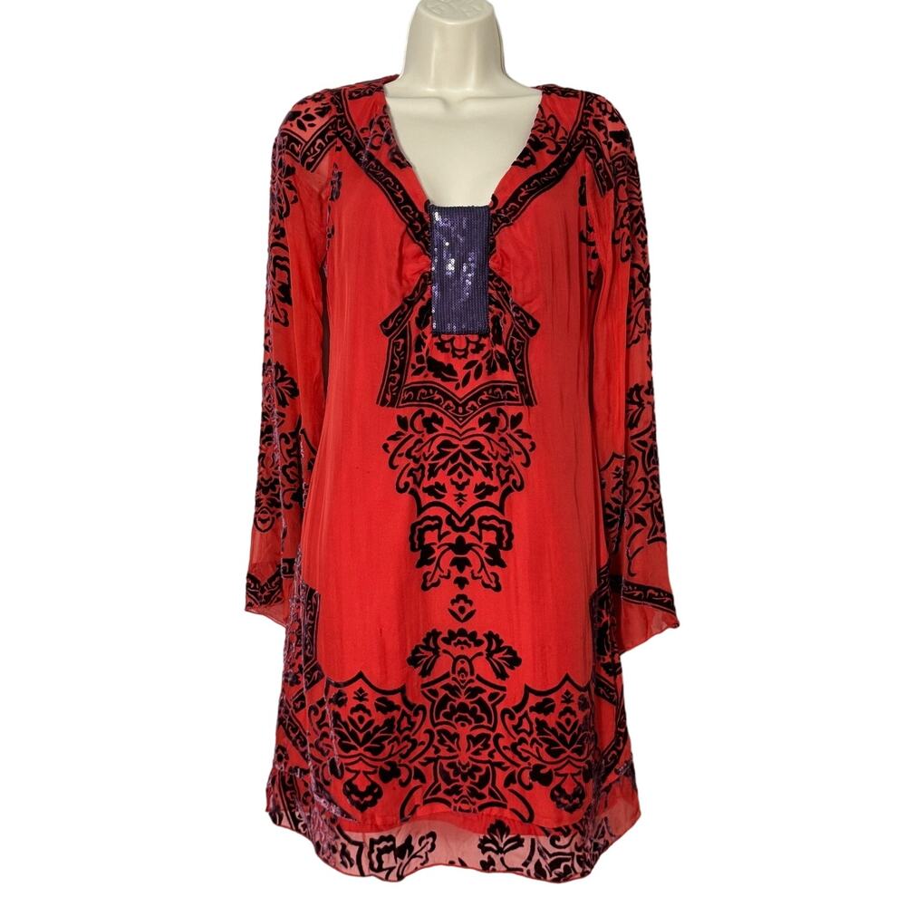 Hale Bob Red and Purple Silk Velvet Burnout‎ Mini Dress Size S
